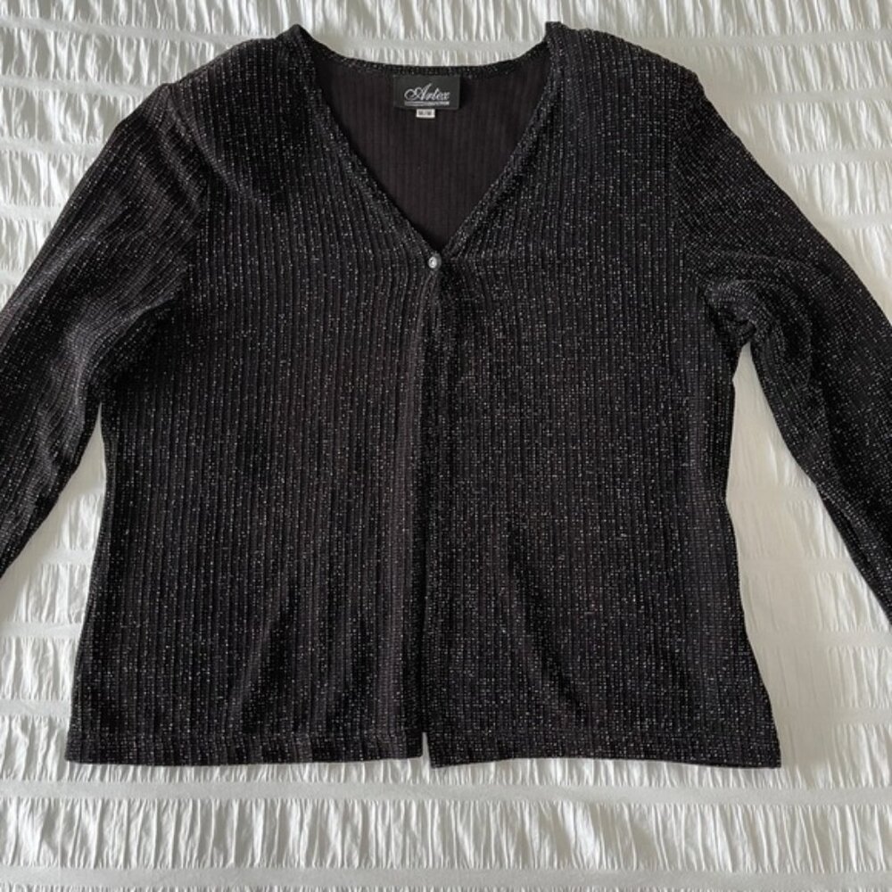 ARTEX COLLECTION Black Open Front Metallic Cardigan Rhinestone Button Occasion